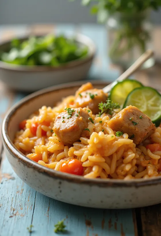 Srbské rizoto so šťavnatým bravčovým mäsom a zeleninou, bohato pripravené.