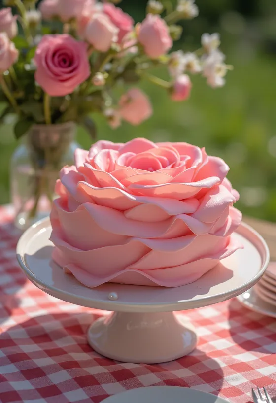 Torta v tvare ruže s ružovým a zeleným fondánovým zdobením