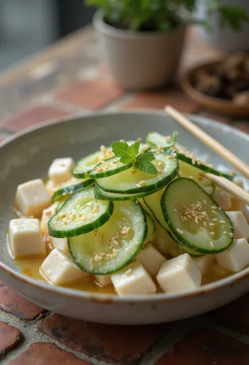 Sunomono s tofu, podávané s čerstvým koriandrom a sezamovými semienkami