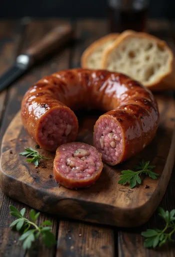 Údená klobása nakrájaná na plátky, podávaná s čerstvým chlebom a paprikou.
