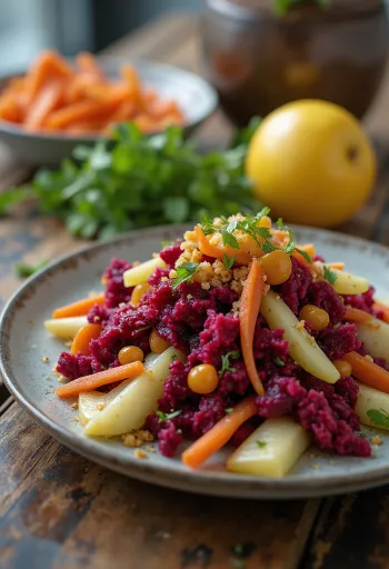 Prebiotický šalát s cviklou a jablkom podávaný s petržlenovou vňaťou