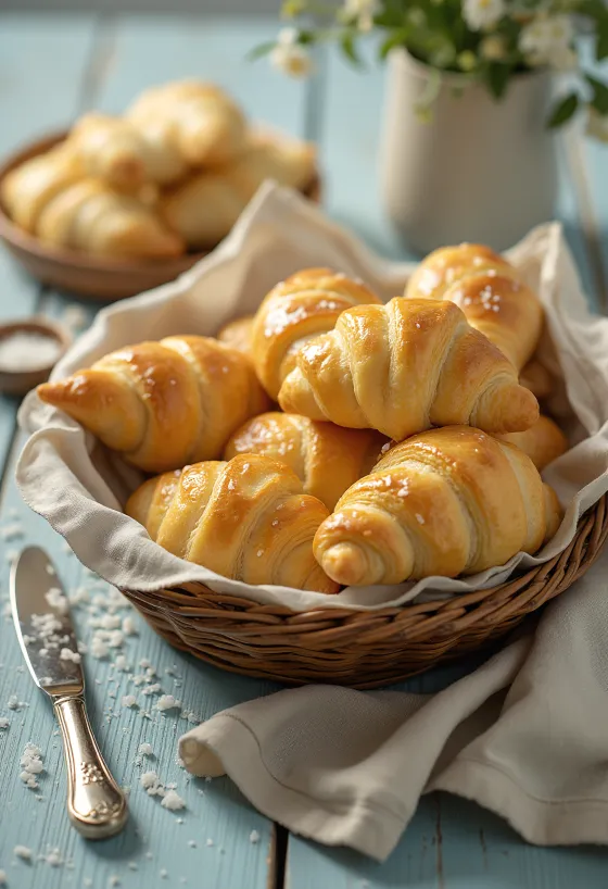 Čerstvo upečené, zlatohnedé slané rožky v košíku, posypané morskou soľou.