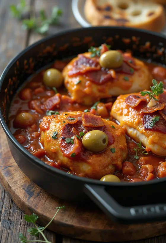 Cacciatore so slaninou, kuracie stehná s paradajkami