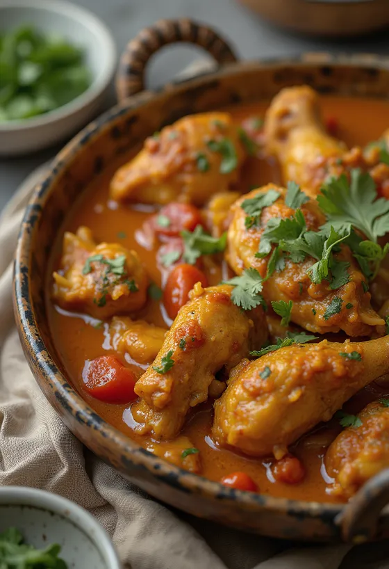 Kuracie Balti curry podávané s chlebom naan a ryžou basmati.