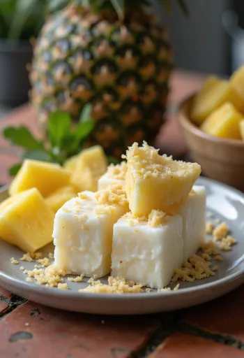 Haupia s ananásom, kocky kokosového pudingu s čerstvým ovocím