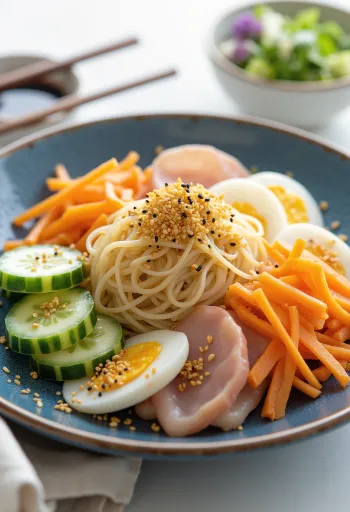 Hiyashi chuka studený japonský ramen so zeleninou a vajcom