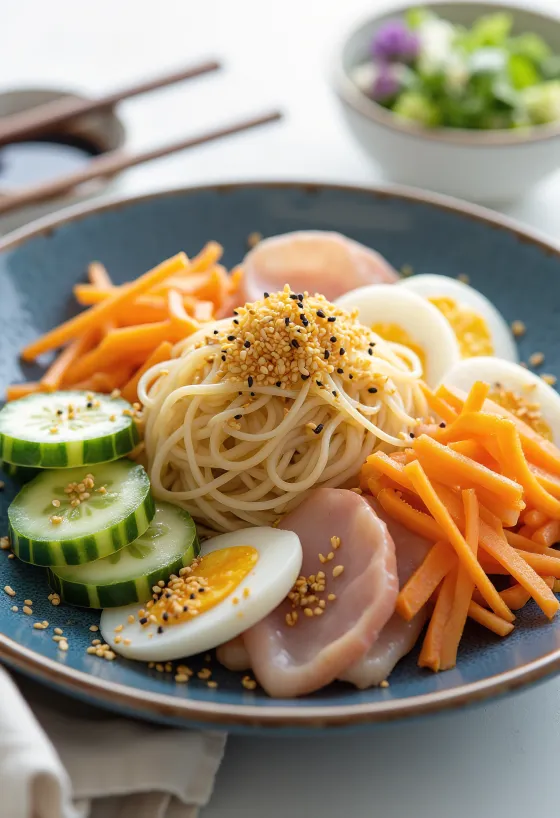 Hiyashi chuka studený japonský ramen so zeleninou a vajcom