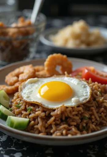 Klasické Nasi Goreng, podávané s bohatým korením, kuracím mäsom a vajcom