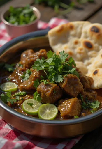 Paye s koriandrom, podávané s plátkami čerstvej limetky a zeleným čili