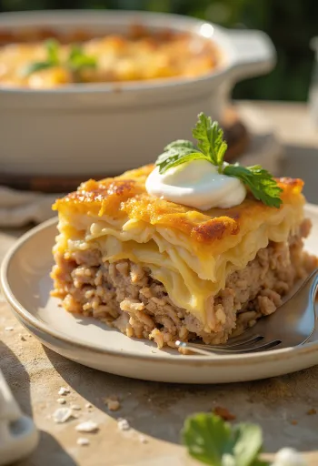 Tradičná koložvárska kapusta, vrstvená s mletým mäsom a ryžou, podávaná so smotanou.