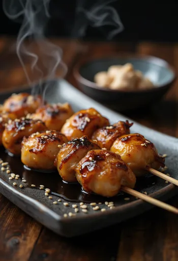 Sunagimo yakitori kuracie žalúdky na špajdli, podávané so sezamom a jarnou cibuľkou