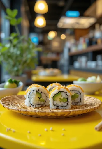Vegánske sushi v nori riase zdobené avokádom a sezamom