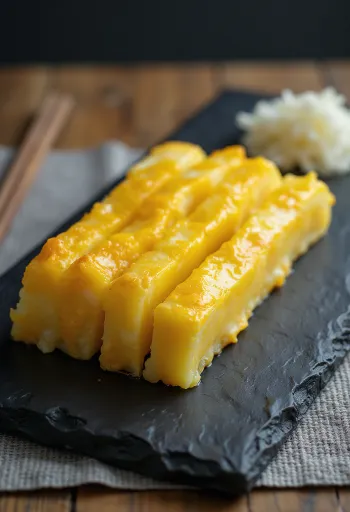 Plátky Atsuyaki Tamago, jemne nakrájané a elegantne naservírované