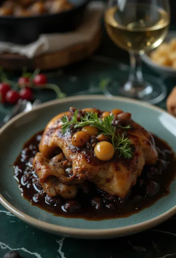 Coq au Vin podávané s čerstvou petržlenovou vňaťou a chlebom