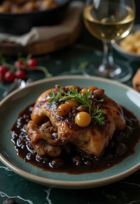 Coq au Vin podávané s čerstvou petržlenovou vňaťou a chlebom