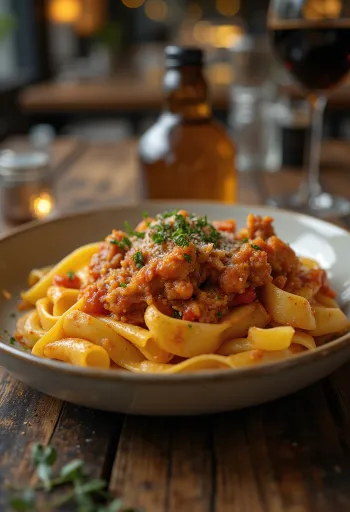 Králičie ragú podávané s cestovinami pappardelle a ozdobené čerstvým rozmarínom