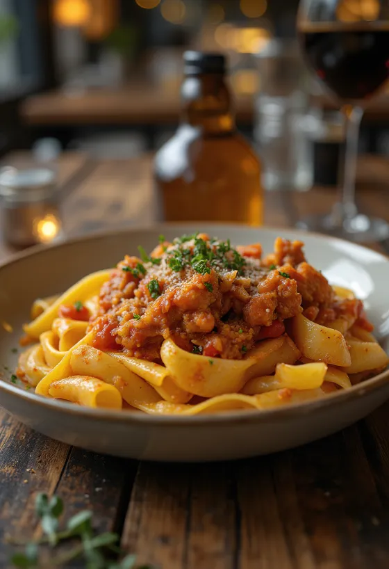 Králičie ragú podávané s cestovinami pappardelle a ozdobené čerstvým rozmarínom