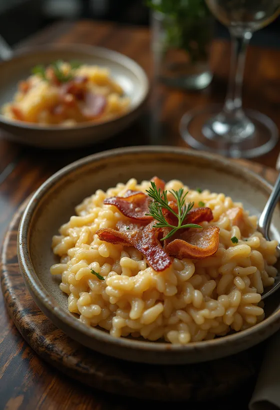 Rizoto s chrumkavou slaninou a nastrúhaným parmezánom, podávané v talianskom štýle