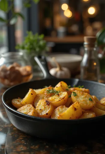 Dozlatista upečené, chrumkavé zemiaky na plechu s čerstvými bylinkami.