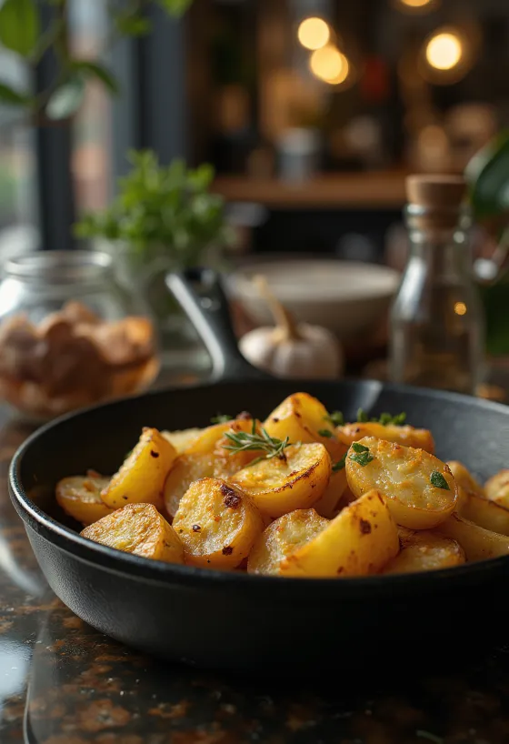 Dozlatista upečené, chrumkavé zemiaky na plechu s čerstvými bylinkami.