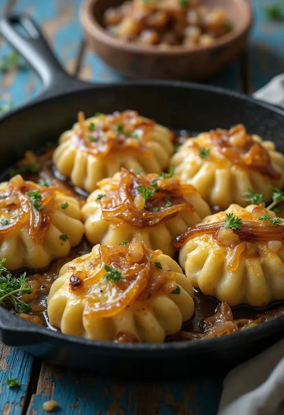 Chrumkavé dödölle podávané s kyslou smotanou a opraženou cibuľkou