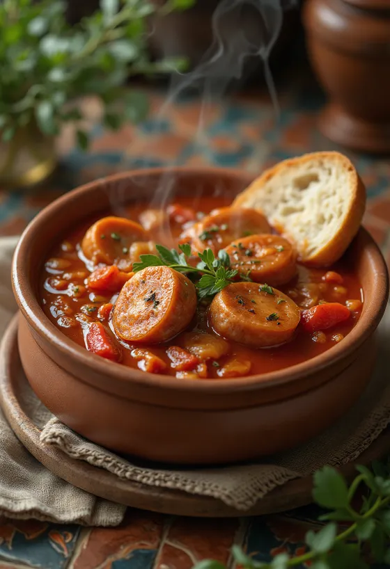 Lečo s klobásou, čerstvou paprikou, paradajkami a údenou klobásou