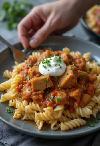 Perkelt s cestovinami a kyslou smotanou servírovaný na tanieri