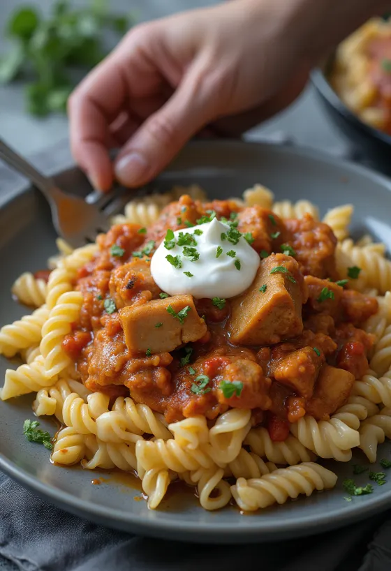 Perkelt s cestovinami a kyslou smotanou servírovaný na tanieri