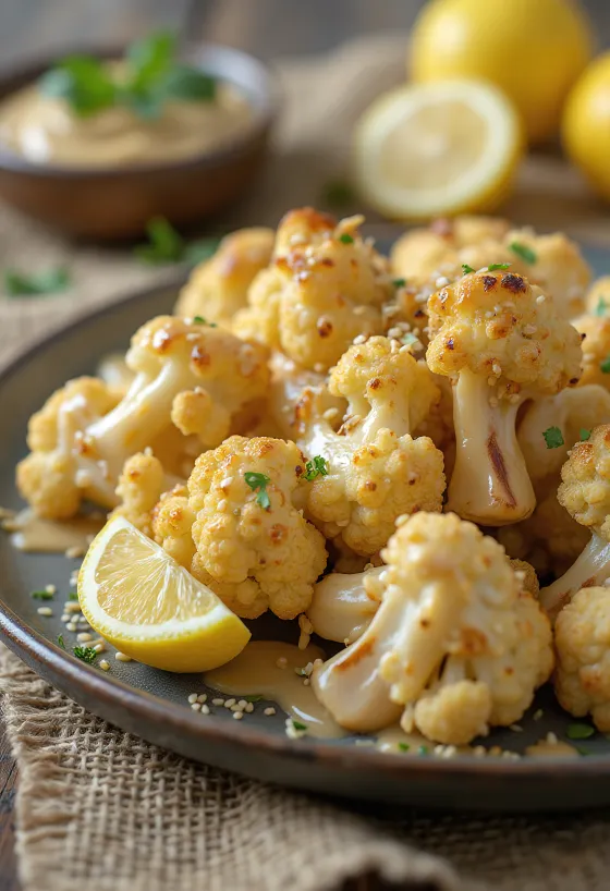 Pečený karfiolový šalát s tahini dresingom, podávaný s čerstvou petržlenovou vňaťou a opraženým sezamom.