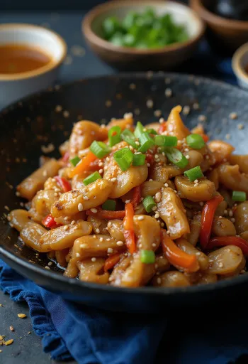 Stir-fry z krokodílieho mäsa podávané s ryžou a zeleninou.