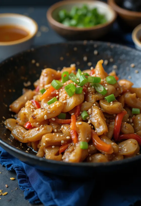 Stir-fry z krokodílieho mäsa podávané s ryžou a zeleninou.