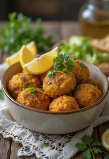 Vegánska Kofta z cíceru, zdobená čerstvou petržlenovou vňaťou