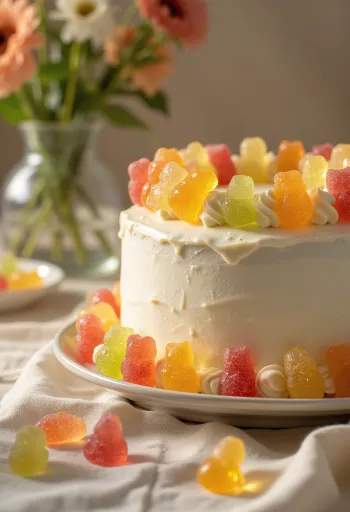 Farebná torta s gumenými medvedíkmi s bielym fondánom a cukríkovou výzdobou