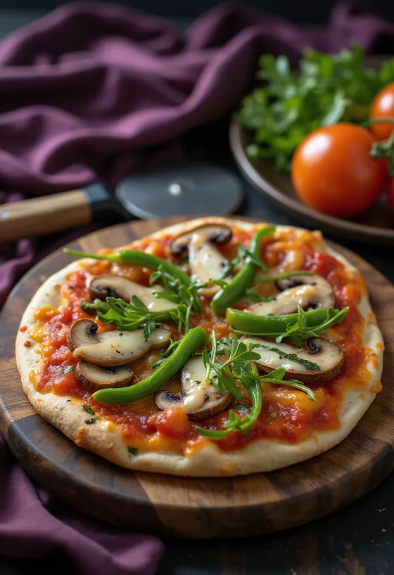 Vegánska tortilla pizza s čerstvou zeleninou a rukolou