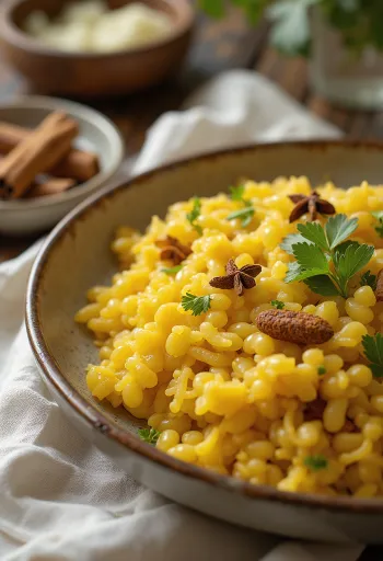 Bhuna Khichuri s koreninami podávané s čerstvým koriandrom