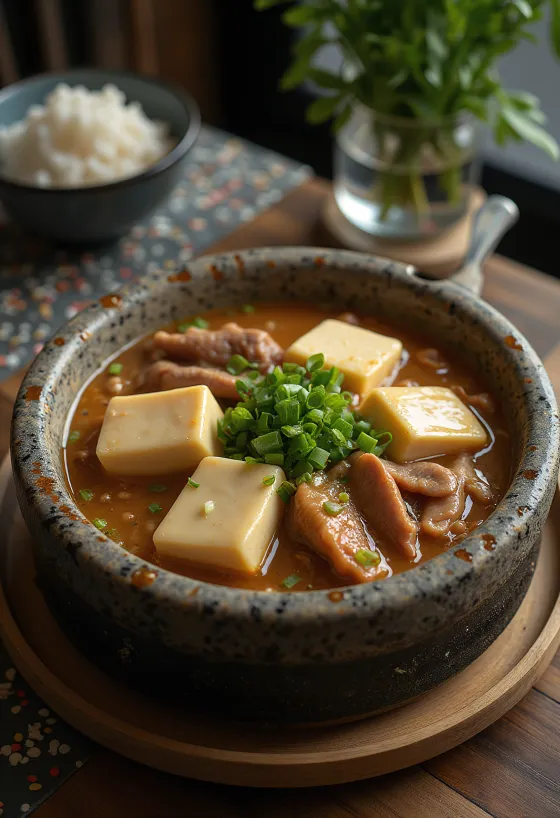 Cheonggukjang jjigae s kórejskou pastou z fermentovaných sójových bôbov, tofu a hovädzím mäsom
