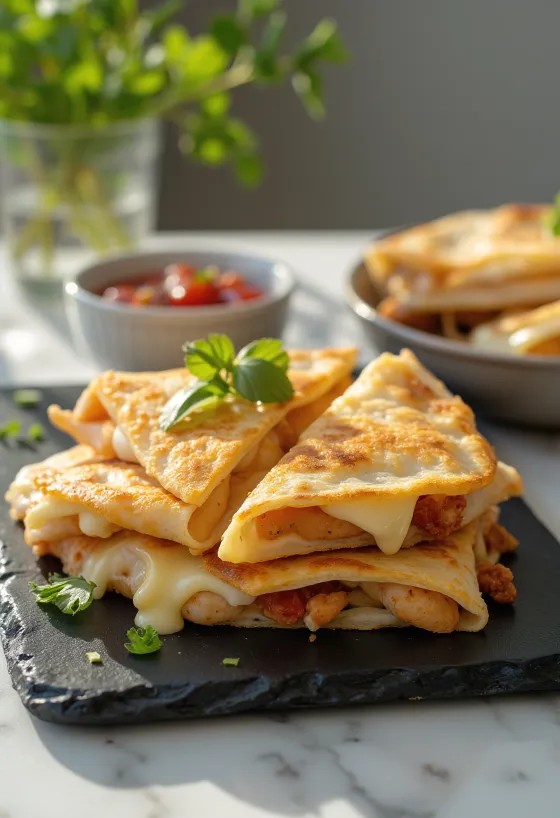 Kuracia quesadilla upečená dozlatista, s roztopeným syrom a čerstvými bylinkami