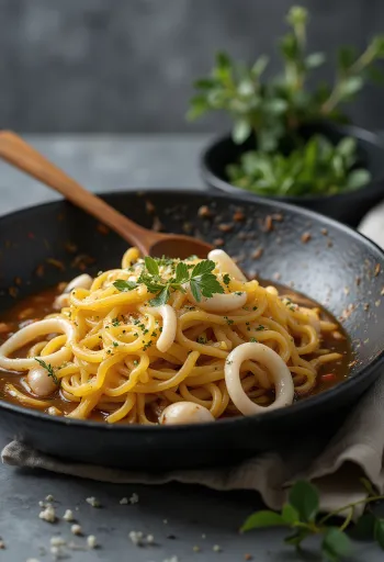 Fideuà s kalamármi, bohaté cestoviny s rybou chuťou a čerstvou zeleninou