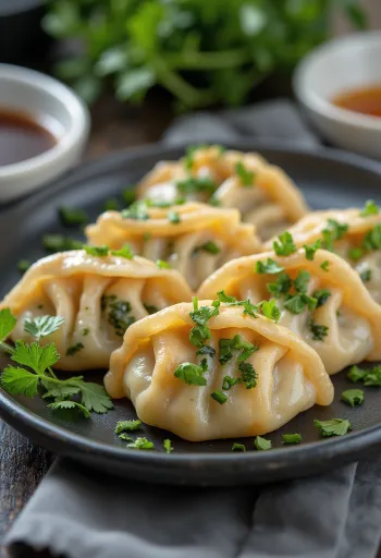 Gyoza taštičky so špenátom, podávané s čerstvým koriandrom