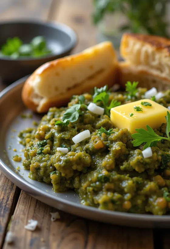 Pav Bhaji so špenátom, v miske krémová zemiaková omáčka, s chrumkavými žemľami a čerstvým špenátom
