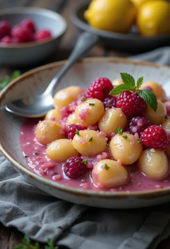 Gnocchi s červeným ovocím a mascarpone pri podávaní