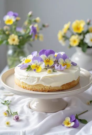 Jarná kvetinová torta zdobená jedlými kvetmi