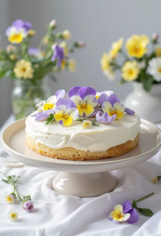 Jarná kvetinová torta zdobená jedlými kvetmi