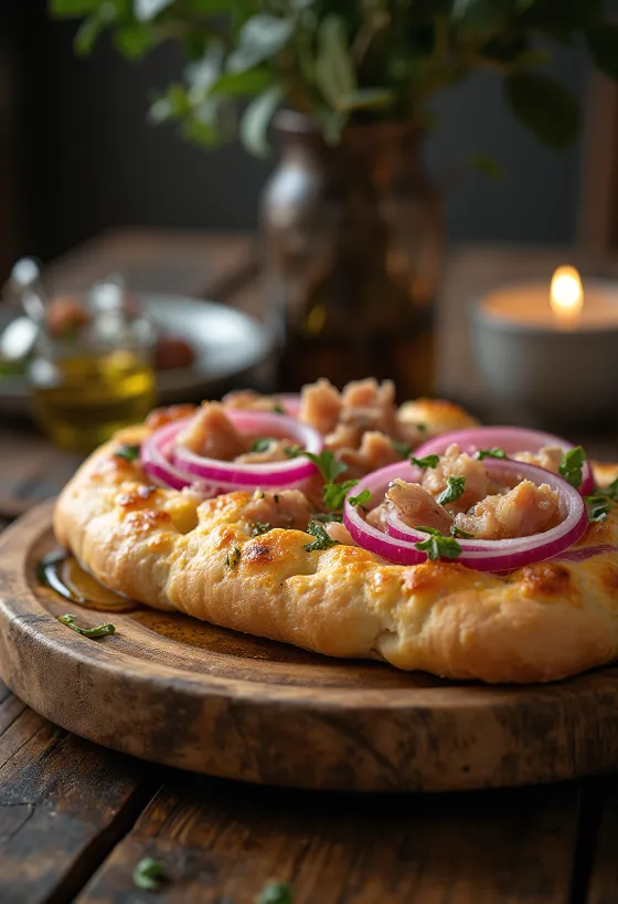 Focaccia s tuniakom a červenou cibuľou servírovaná