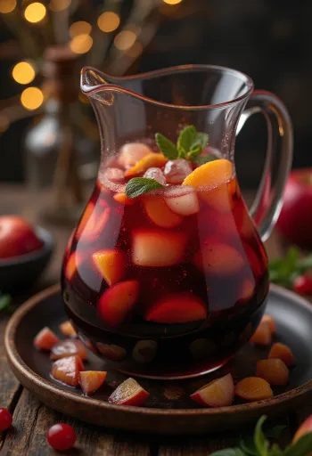 Sangria podávaná s čerstvým ovocím a kockami ľadu