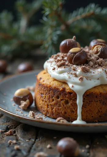 Zimná gaštanová torta zdobená horkou čokoládou a orechmi