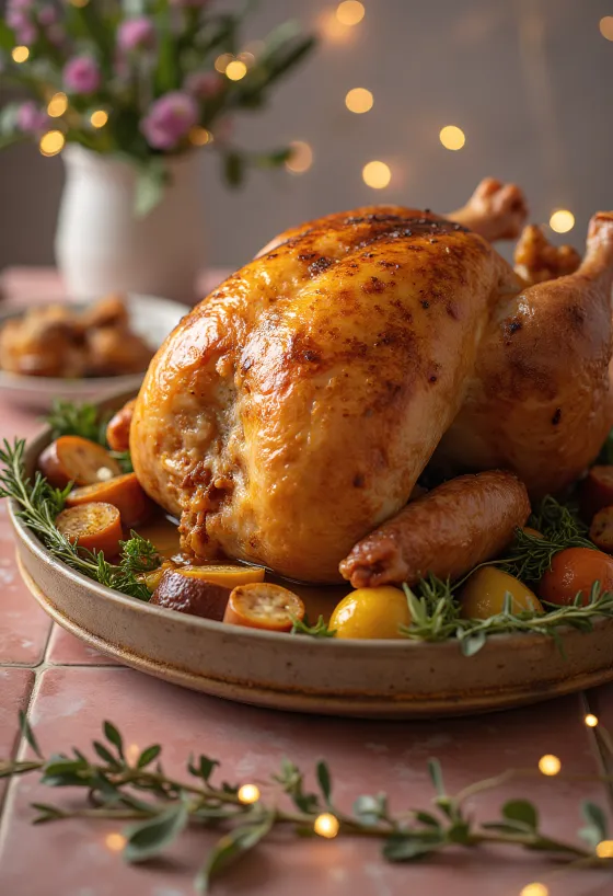 V rúre pečená plnená morka s chrumkavou kožou a bohatou plnkou.