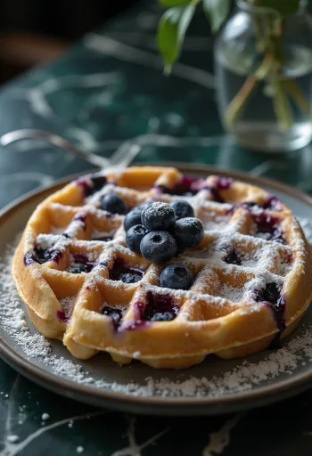 Čučoriedkové vafle s čerstvým ovocím a práškovým cukrom