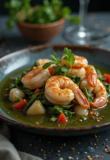 Callaloo s krevetami, varené v kokosovom mlieku, podávané s čerstvým bylinkami