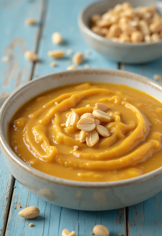 Arašidová omáčka s karí podávaná v miske s čerstvým koriandrom.